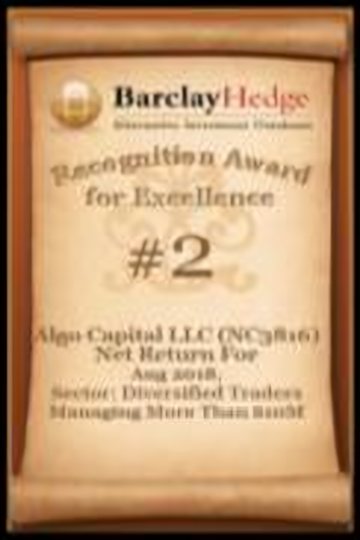 #2 · Algo Capital LLC (NC3816) · Diversified Traders Managing More Than $10M · August 2018 · Ranked by net return for the month